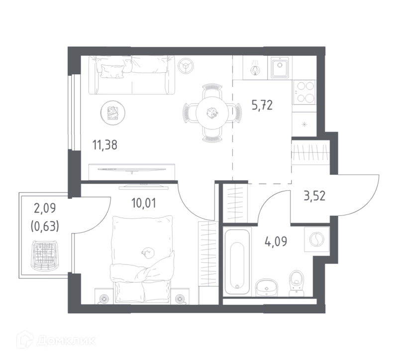 1-комнатная квартира 35.35 м² Горки Парк