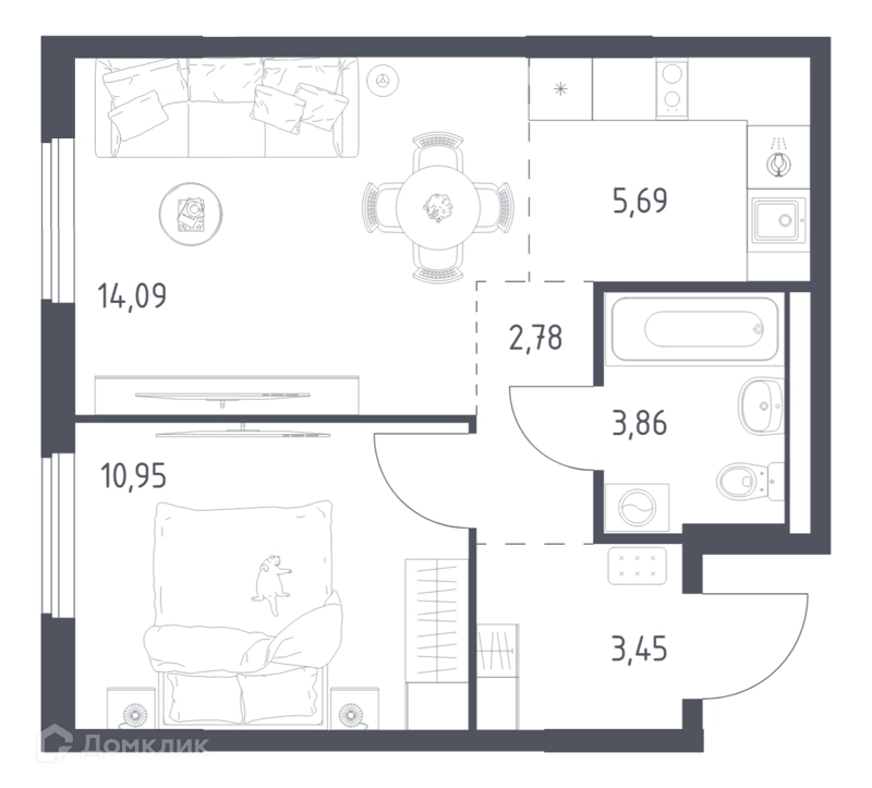 1-комнатная квартира 40.82 м² Горки Парк