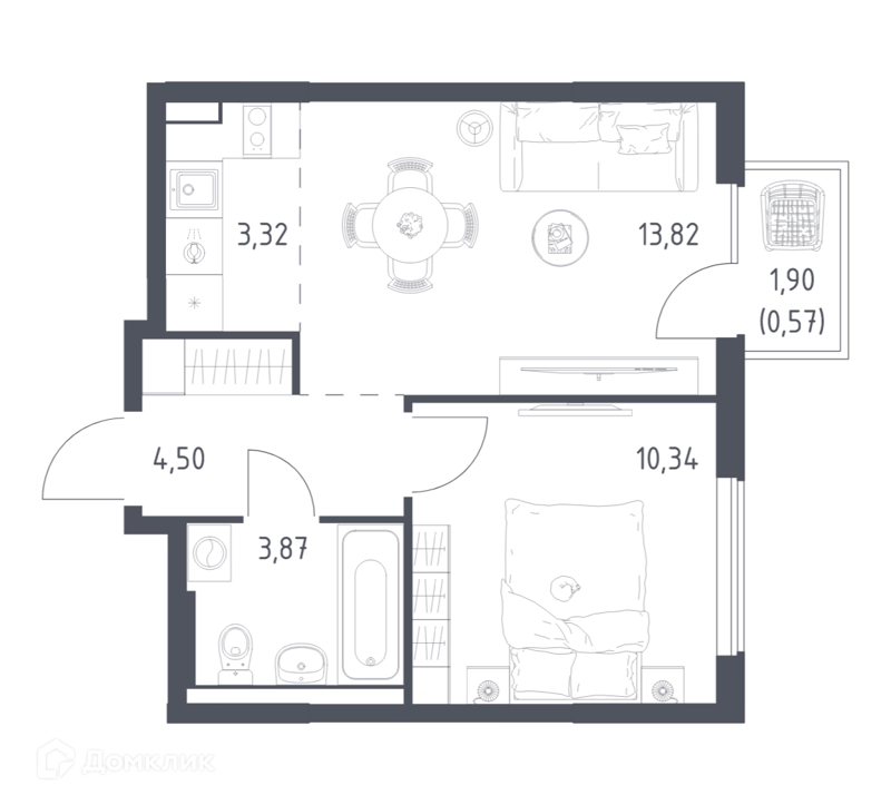 1-комнатная квартира 36.42 м² Горки Парк