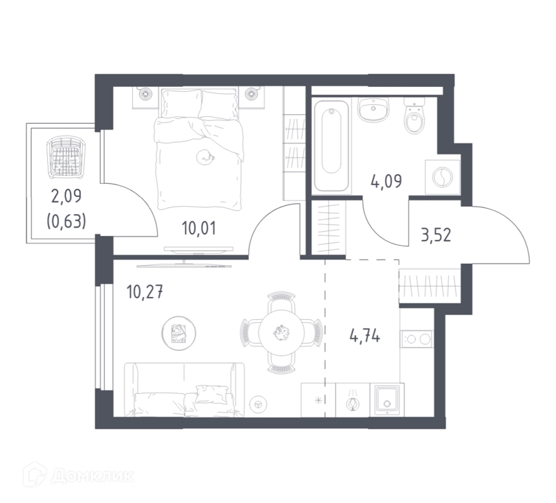1-комнатная квартира 33.26 м² Горки Парк