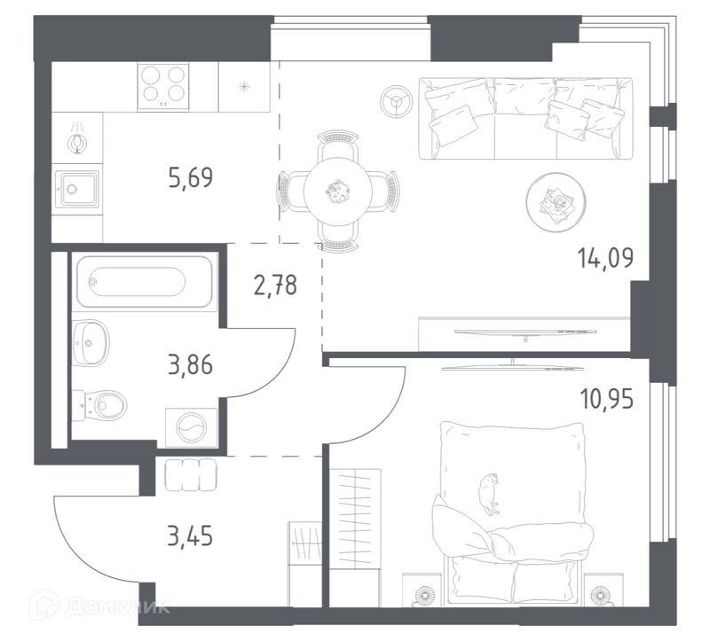 1-комнатная квартира 40.82 м² Горки Парк
