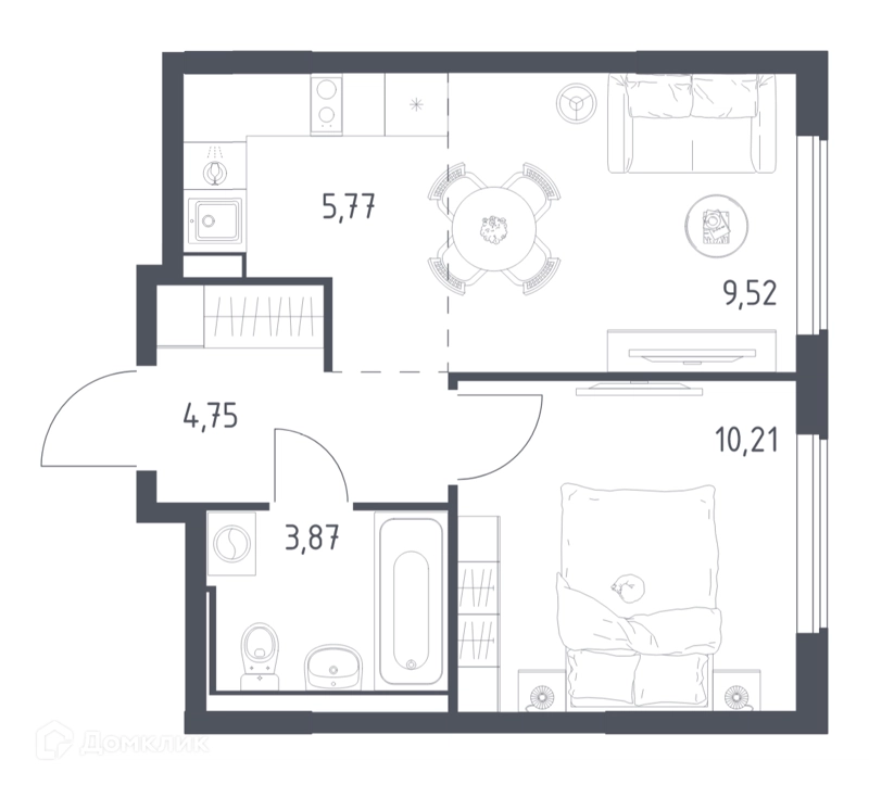 1-комнатная квартира 34.12 м² Горки Парк