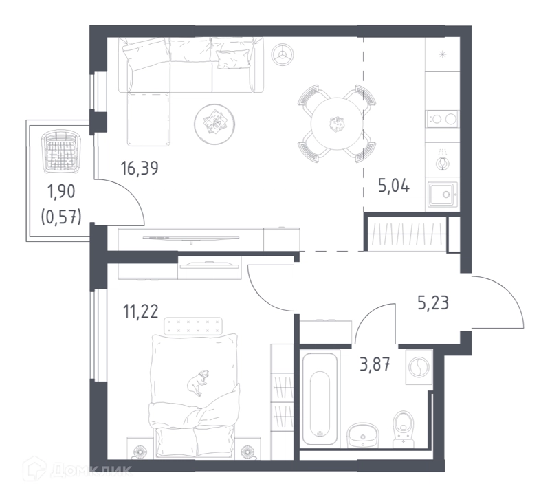 1-комнатная квартира 42.32 м² Горки Парк