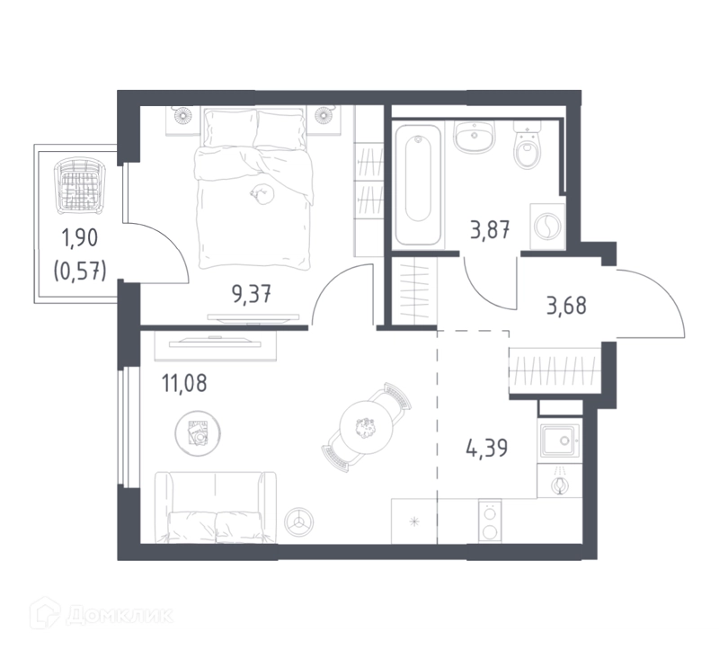 1-комнатная квартира 32.96 м² Горки Парк
