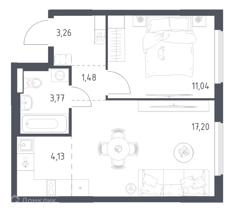 1-комнатная квартира 40.88 м² Горки Парк
