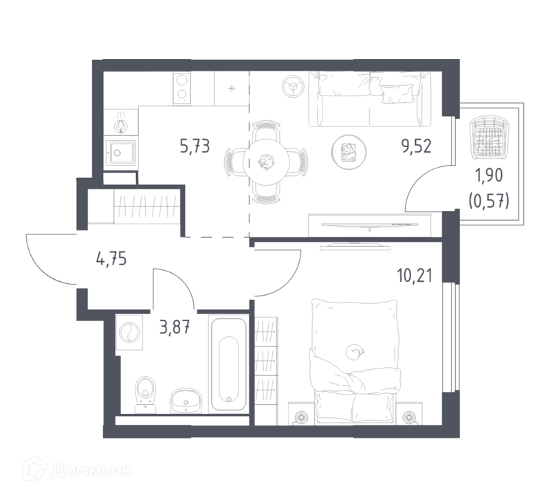 1-комнатная квартира 34.65 м² Горки Парк