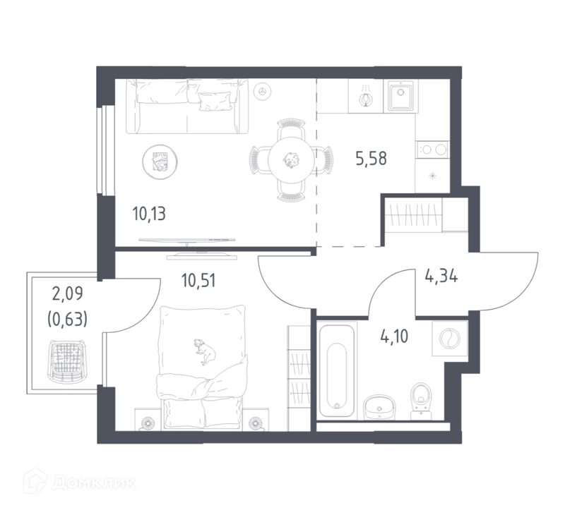1-комнатная квартира 35.29 м² Горки Парк