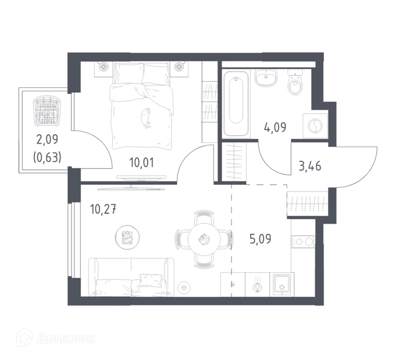 1-комнатная квартира 33.55 м² Горки Парк