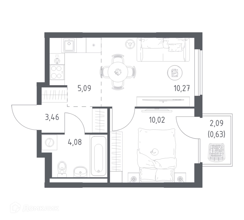 1-комнатная квартира 33.55 м² Горки Парк
