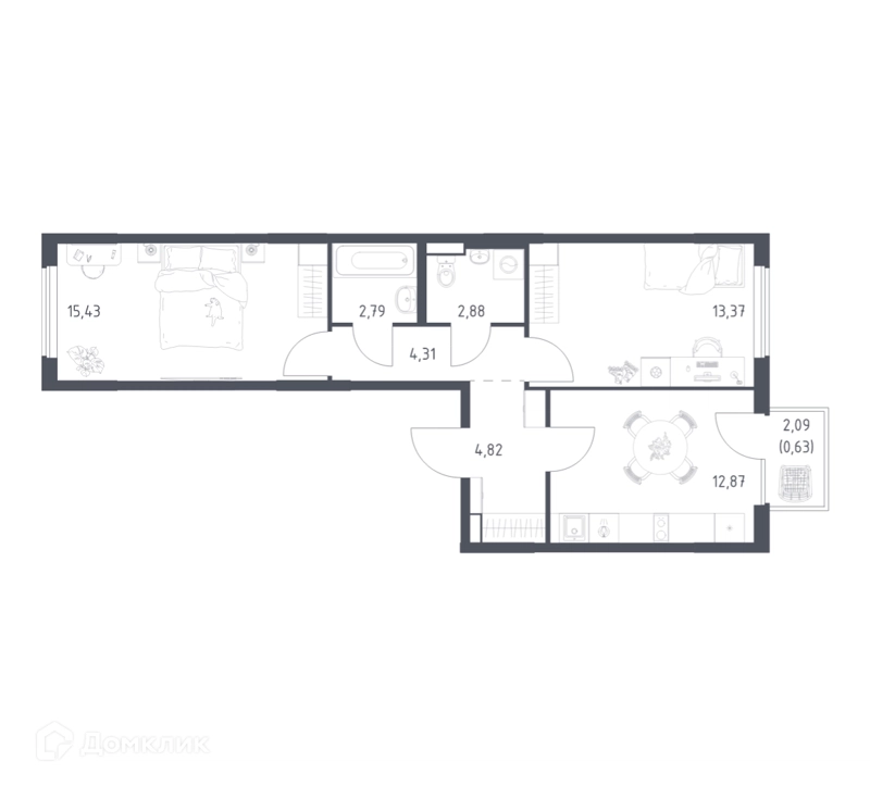 2-комнатная квартира 57.1 м² Горки Парк