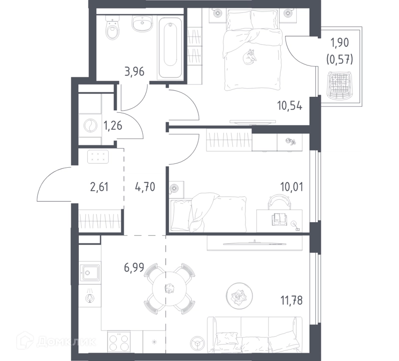 2-комнатная квартира 52.42 м² Горки Парк