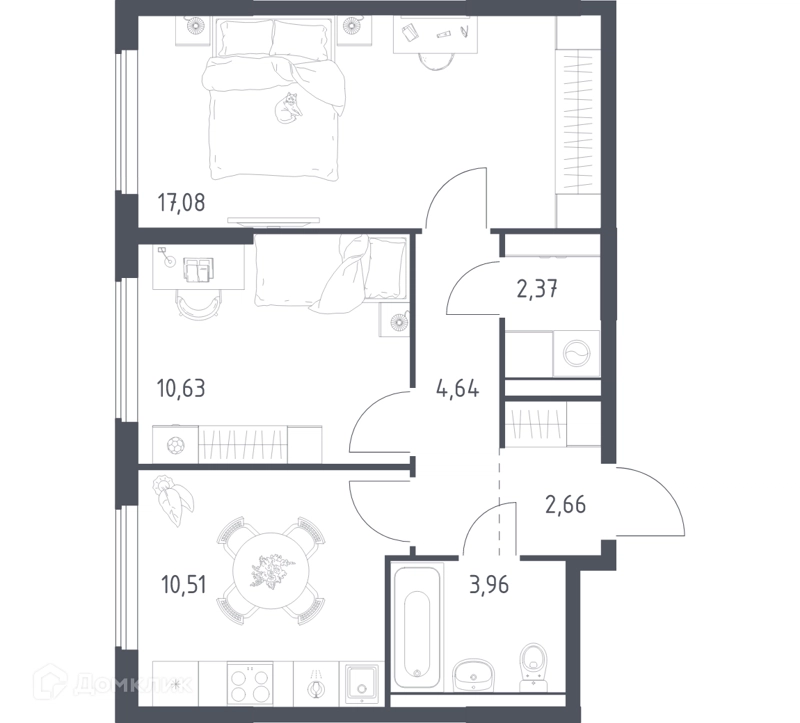 2-комнатная квартира 51.85 м² Горки Парк
