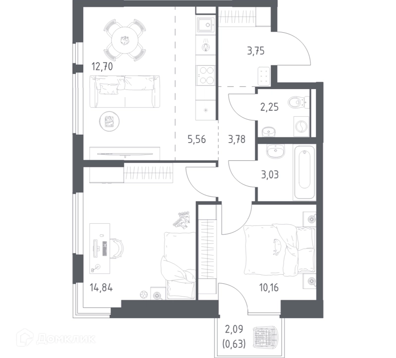 2-комнатная квартира 56.7 м² Горки Парк