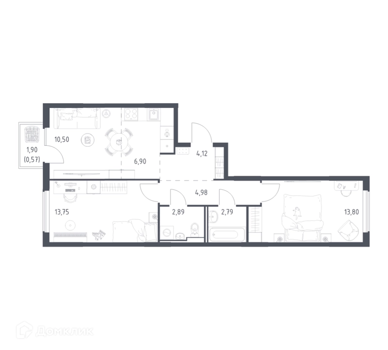 2-комнатная квартира 60.3 м² Горки Парк
