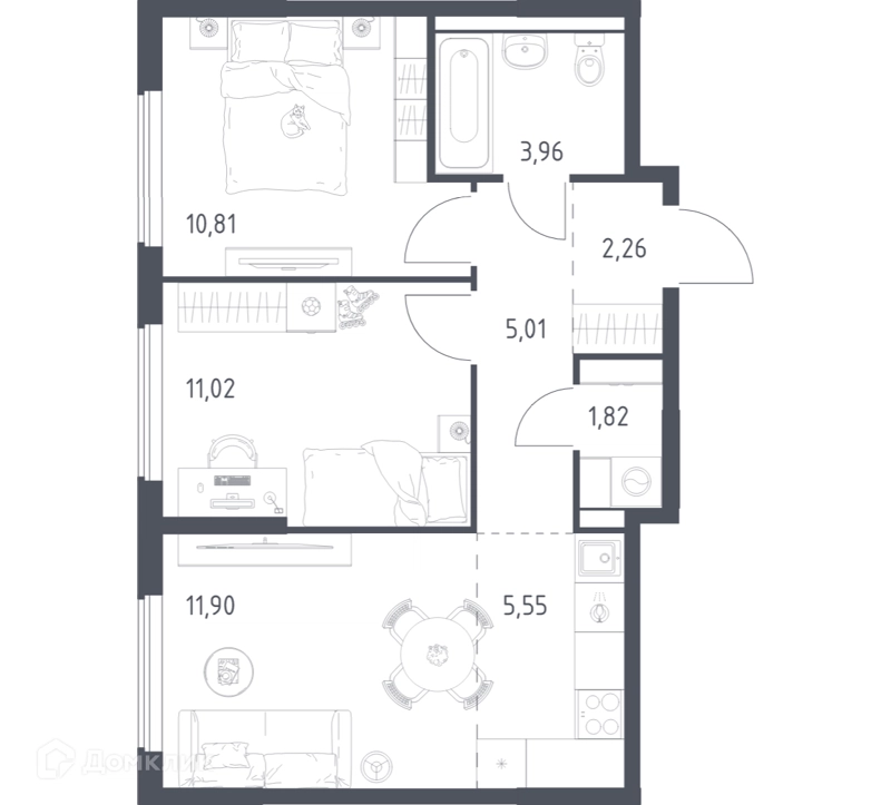 2-комнатная квартира 52.33 м² Горки Парк