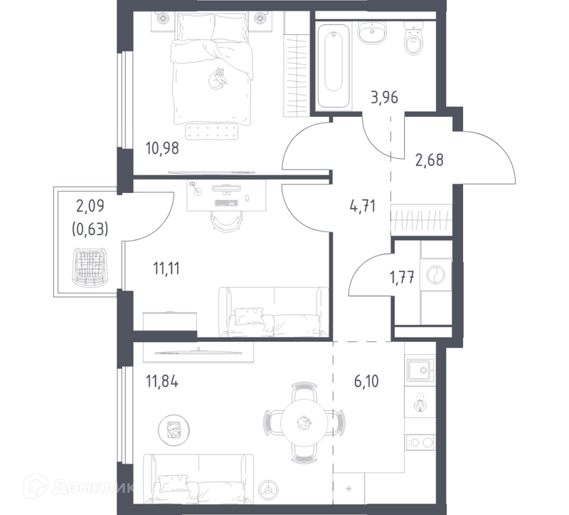 2-комнатная квартира 53.78 м² Горки Парк