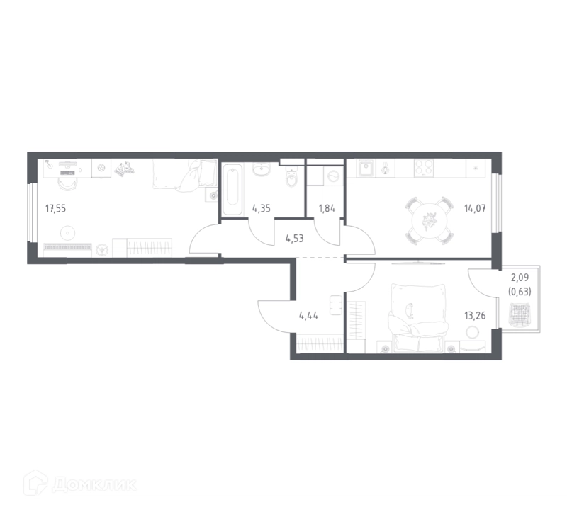 2-комнатная квартира 60.67 м² Горки Парк
