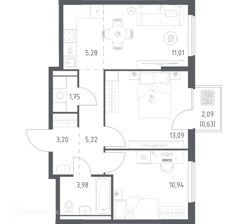 2-комнатная квартира 55.1 м² Горки Парк