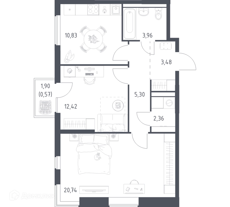2-комнатная квартира 59.66 м² Горки Парк