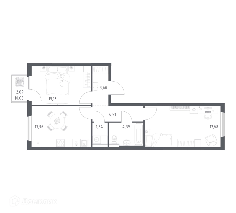 2-комнатная квартира 59.7 м² Горки Парк