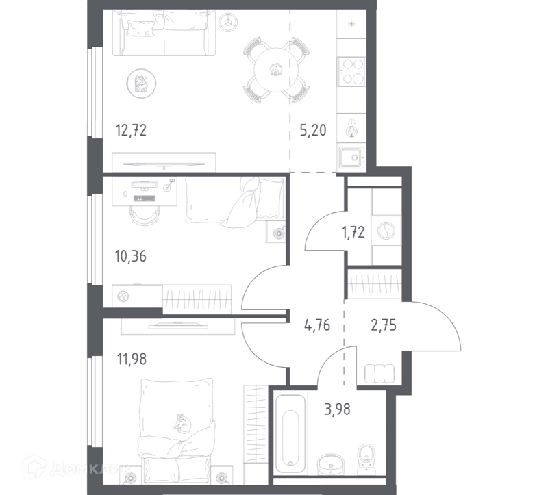 2-комнатная квартира 53.47 м² Горки Парк