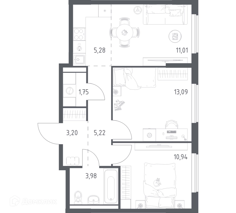 2-комнатная квартира 54.47 м² Горки Парк