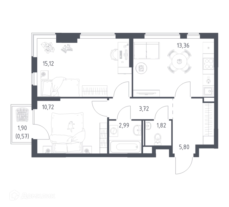 2-комнатная квартира 54.1 м² Горки Парк