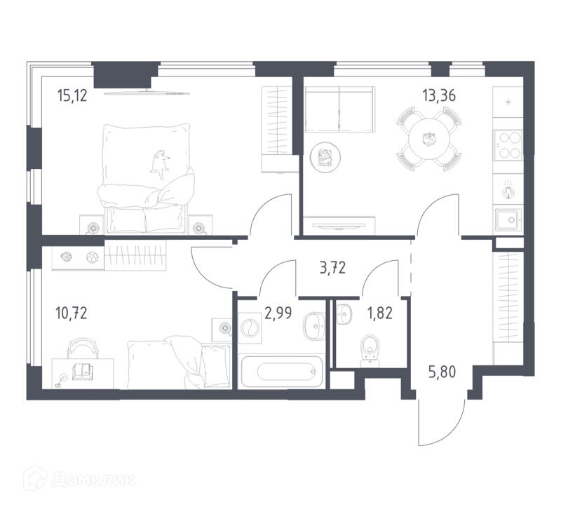 2-комнатная квартира 53.53 м² Горки Парк