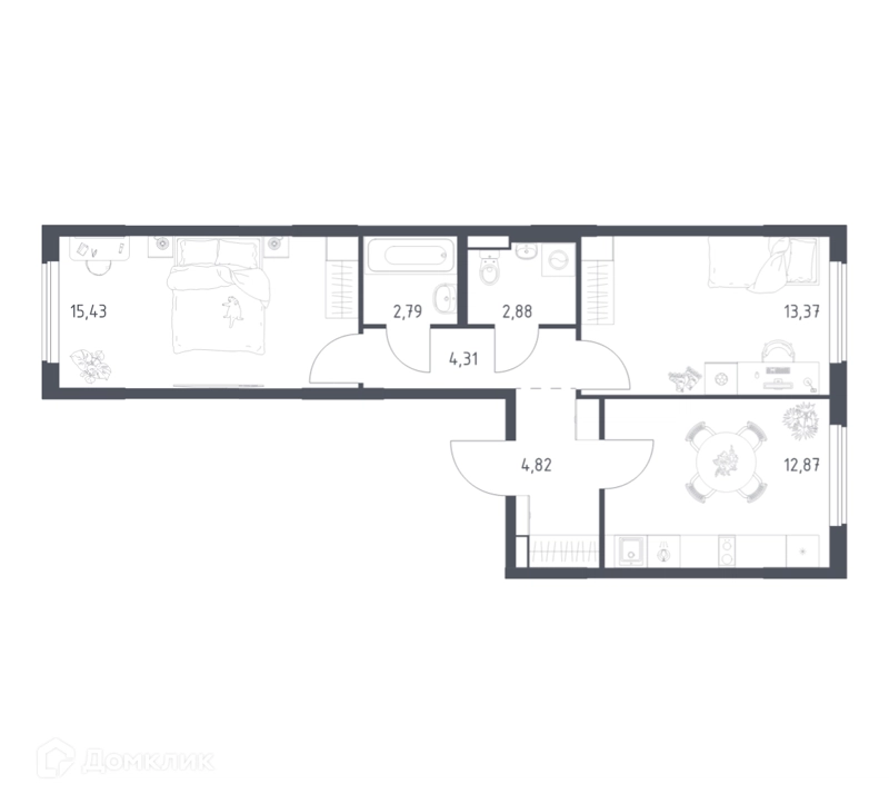 2-комнатная квартира 56.47 м² Горки Парк