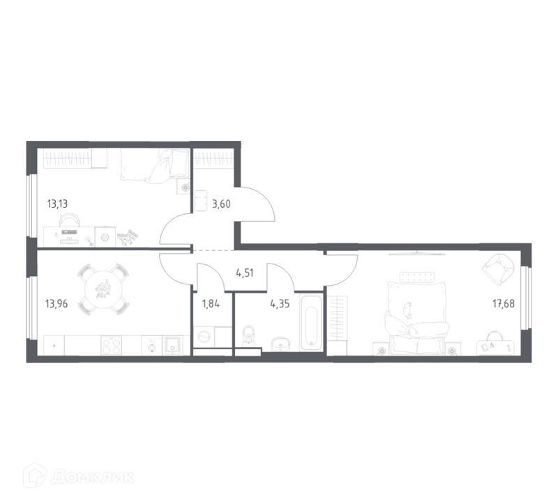 2-комнатная квартира 59.07 м² Горки Парк
