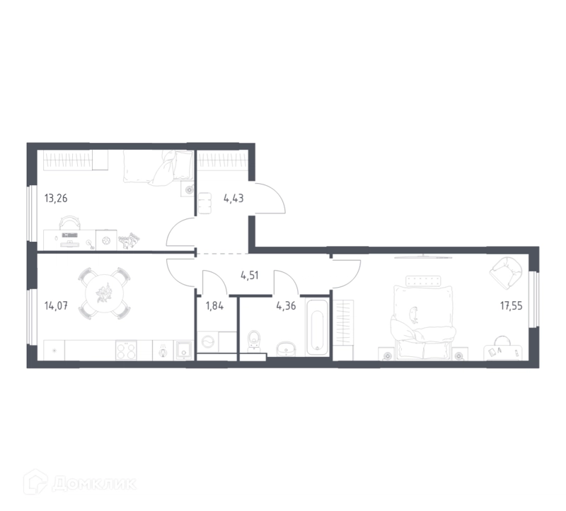 2-комнатная квартира 60.02 м² Горки Парк