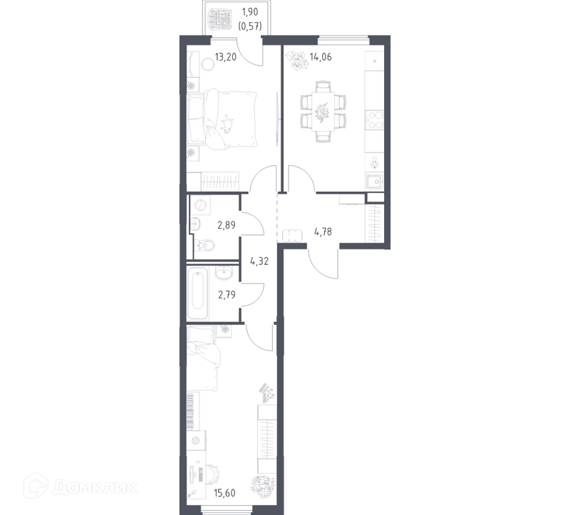 2-комнатная квартира 58.21 м² Горки Парк