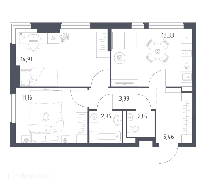 2-комнатная квартира 53.88 м² Горки Парк