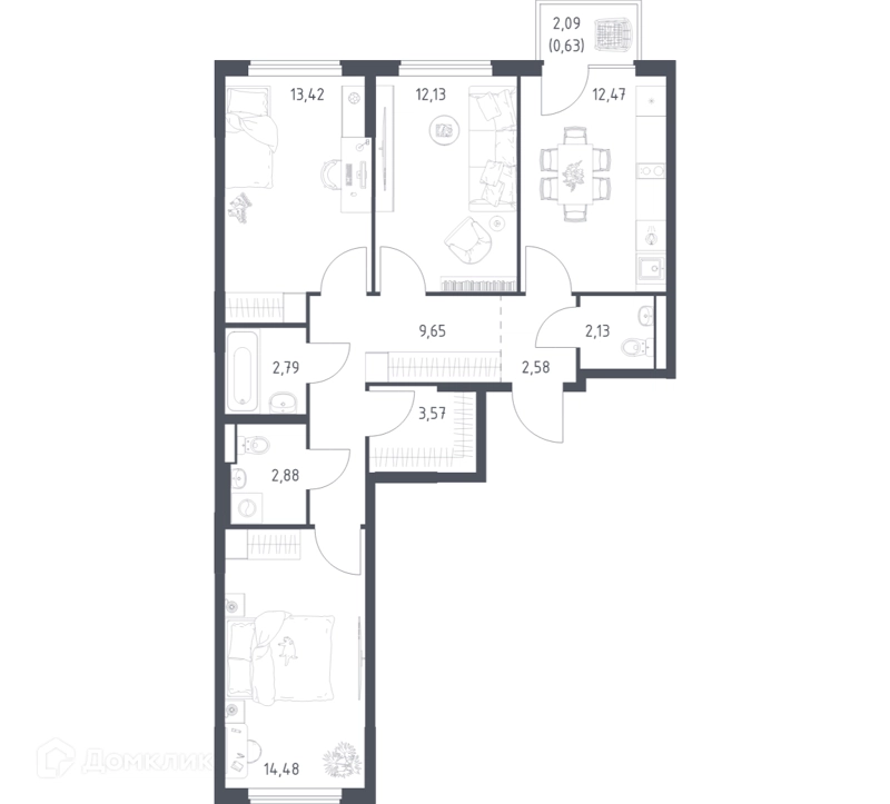 3-комнатная квартира 76.73 м² Горки Парк
