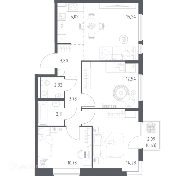 3-комнатная квартира 71.4 м² Горки Парк