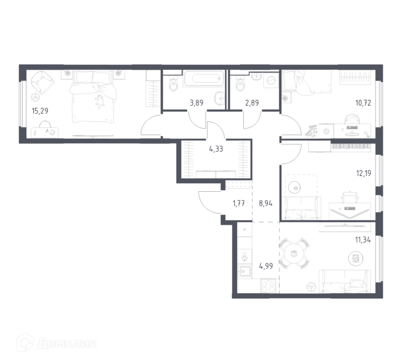 3-комнатная квартира 76.35 м² Горки Парк
