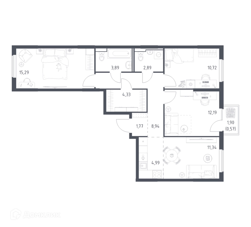 3-комнатная квартира 76.92 м² Горки Парк