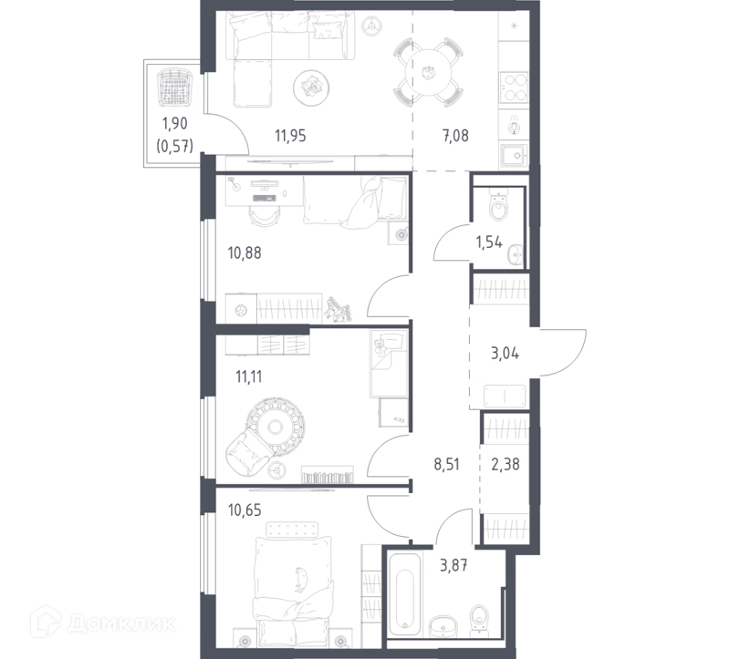 3-комнатная квартира 71.58 м² Горки Парк