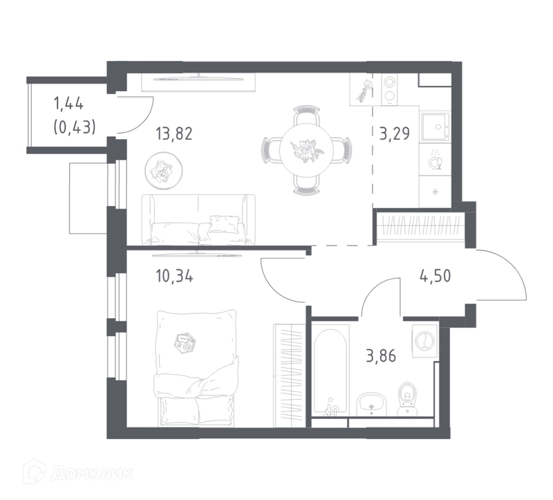 1-комнатная квартира 36.24 м² Мытищи Парк