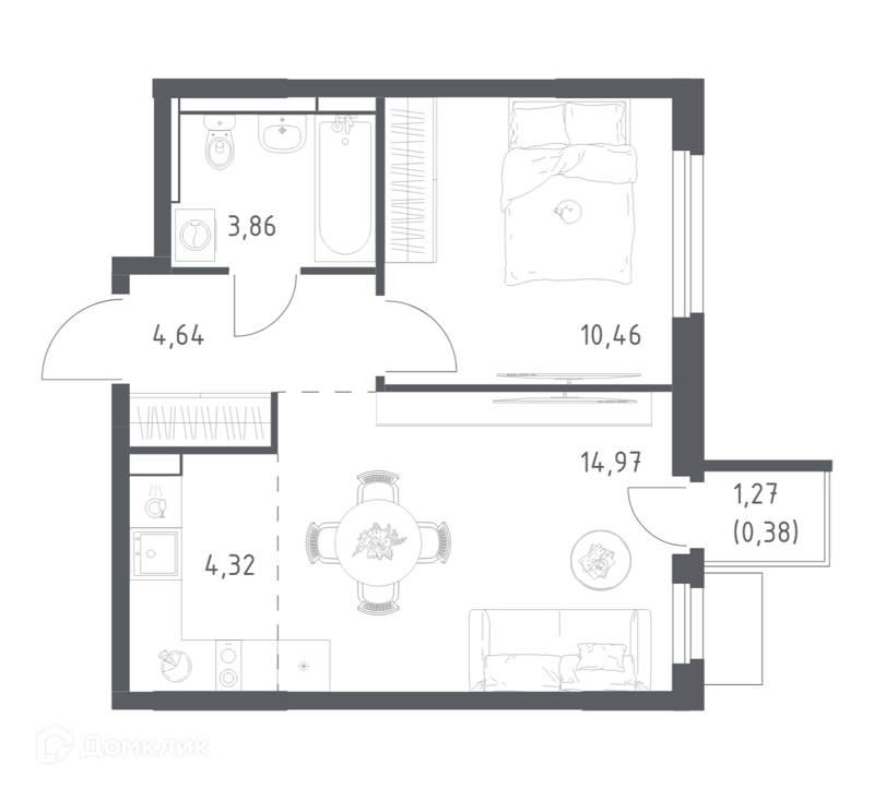 1-комнатная квартира 38.63 м² Мытищи Парк