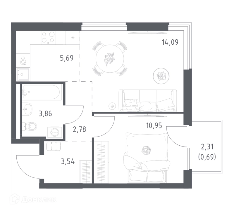 1-комнатная квартира 41.6 м² Мытищи Парк