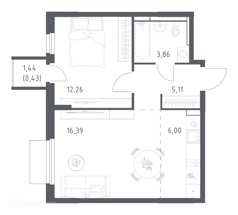 1-комнатная квартира 44.05 м² Мытищи Парк