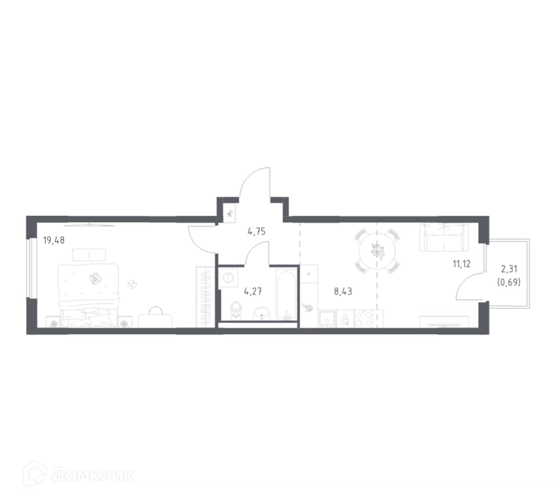 1-комнатная квартира 48.74 м² Мытищи Парк