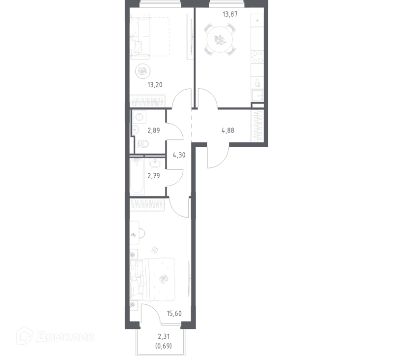 2-комнатная квартира 58.22 м² Мытищи Парк