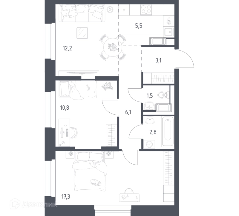 2-комнатная квартира 58 м² Мытищи Парк