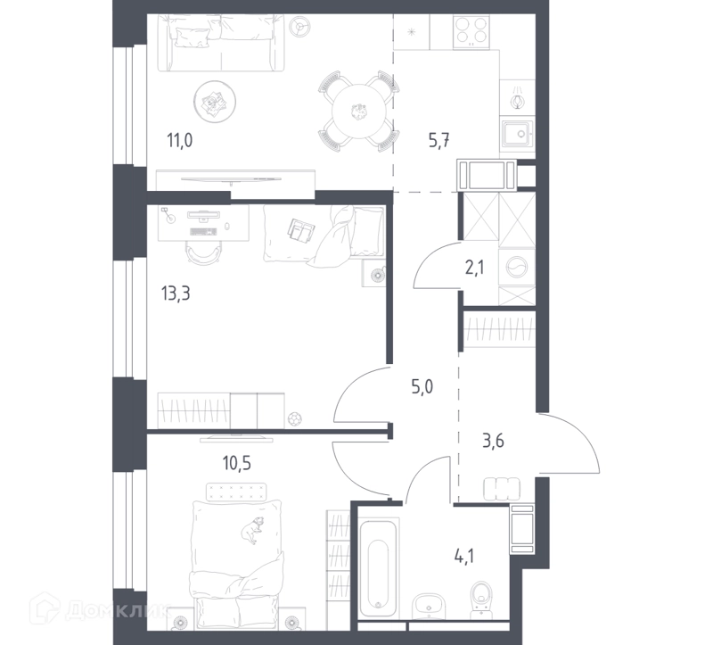 2-комнатная квартира 54.3 м² Мытищи Парк