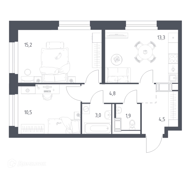 2-комнатная квартира 52.2 м² Мытищи Парк