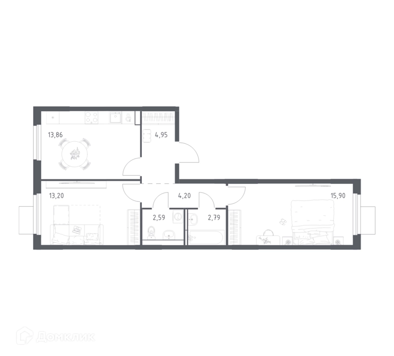 2-комнатная квартира 57.49 м² Мытищи Парк
