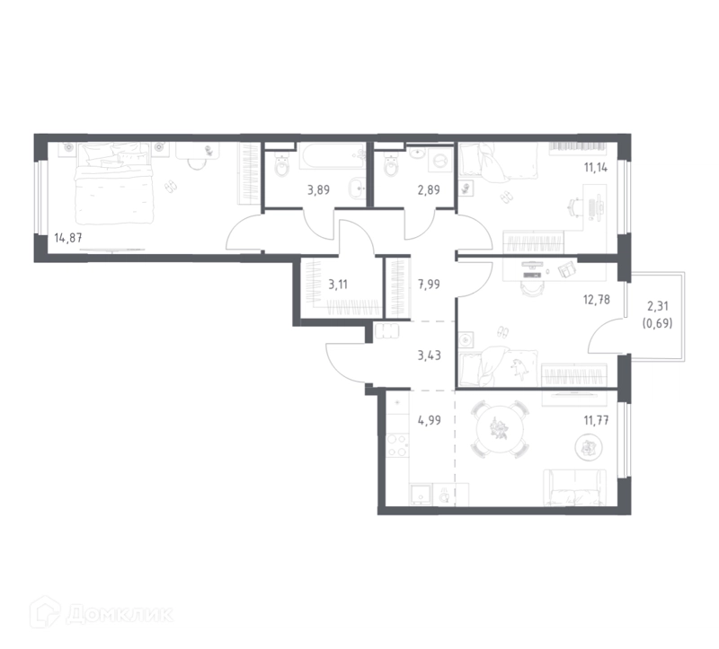 3-комнатная квартира 77.55 м² Мытищи Парк