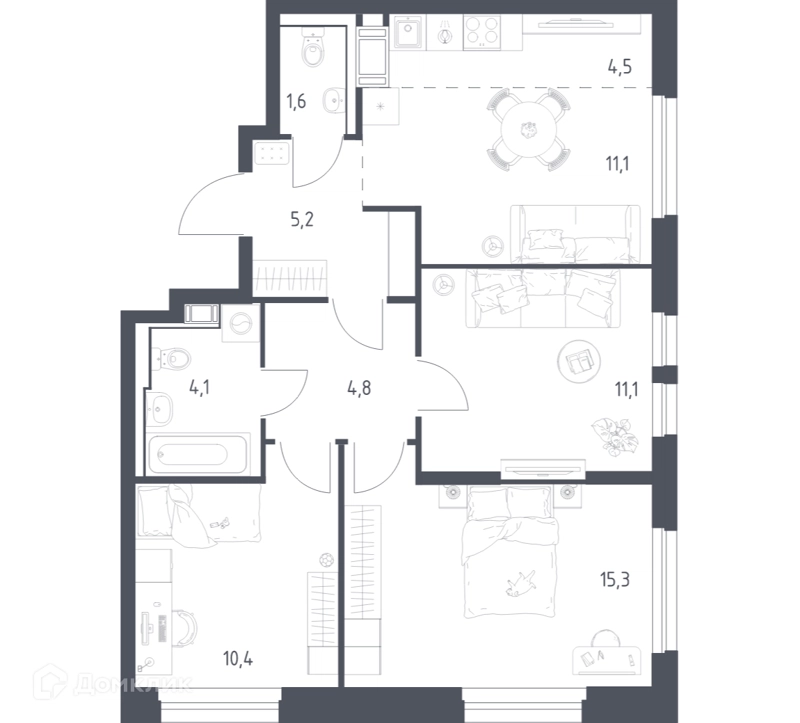 3-комнатная квартира 67.2 м² Мытищи Парк